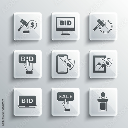 Set Price tag with Sale, Auction auctioneer sells, painting, Online, Bid, hammer price and icon. Vector