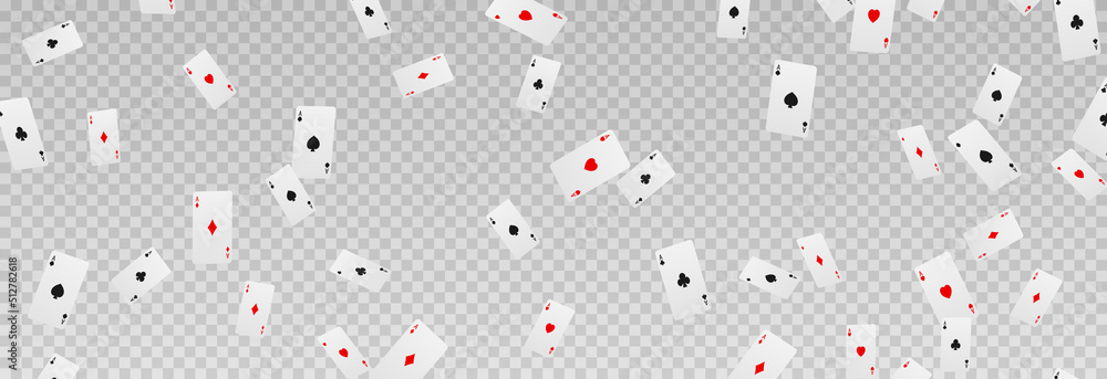 Vector playing cards png. Playing cards fall from the sky on an isolated transparent background. Four aces png, red, black cards. Gambling. Poker. - obrazy, fototapety, plakaty 