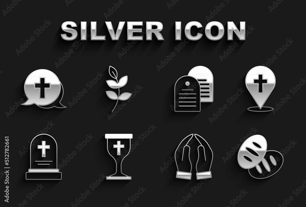 Set Christian chalice, Location church building, bread, Hands praying position, Grave with tombstone, Holy bible book, cross and Willow leaf icon. Vector Set Christian chalice, Location church building, bread, Hands praying position, Grave with tombstone, Holy bible book, cross and Willow leaf icon. Vector