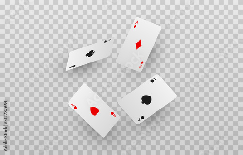 Vector playing cards png. Playing cards fall from the sky on an isolated transparent background. Four aces png, red, black cards. Gambling. Poker.
