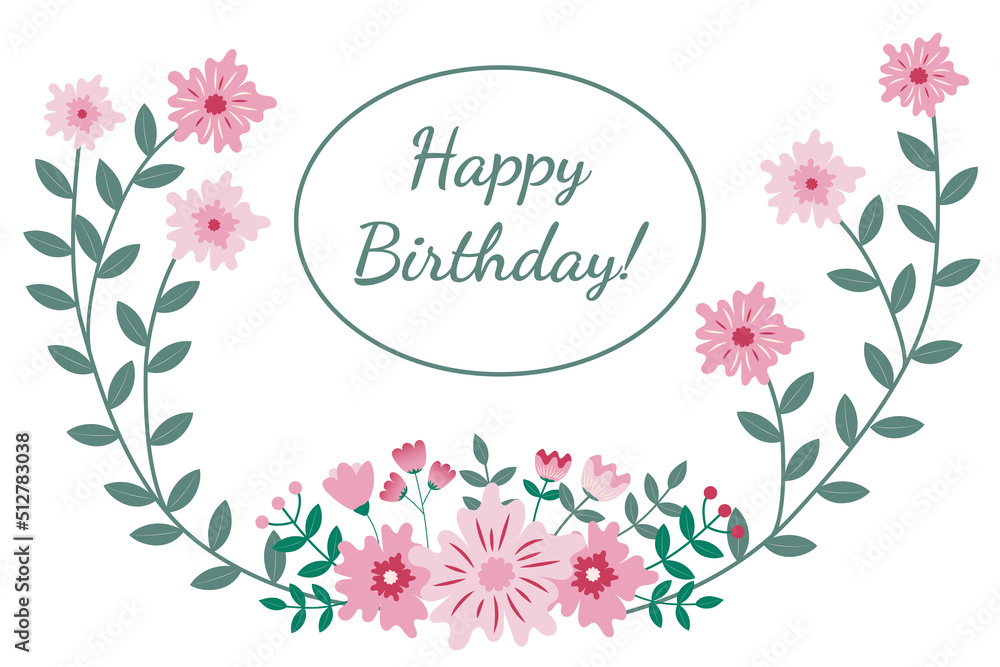 Happy birthday greeting card with floral ornament and text Happy birthday greeting card with floral ornament and text