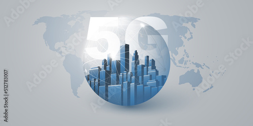 Blue Grey 5G Network Label with a Cityscape Inside of a Globe - Background High Speed Broadband Mobile Telecommunication and Wireless Internet Design  New Cutting Edge Global Mobile Technology Concept