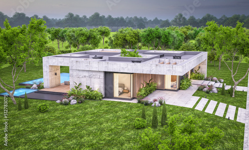 3d rendering of new concrete house in modern style with pool and parking for sale or rent and beautiful landscaping on background. Only one floor. Clear summer evening with cozy light from window © korisbo