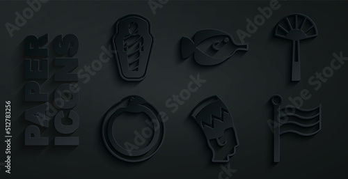 Set Nefertiti, Egyptian fan, Magic symbol of Ouroboros, Flag Of, Butterfly fish and mummy in sarcophagus icon. Vector