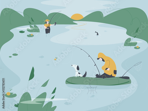 Сouple of fishermen on boat are fishing on a lake or river. Family fish catching vector illustration.
