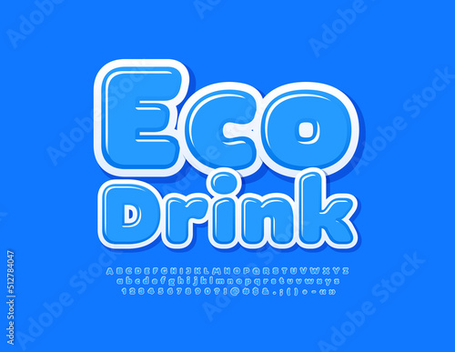 Vector modern logo Eco Drink. Blue glossy Font. Bright Alphabet Letters and Numbers