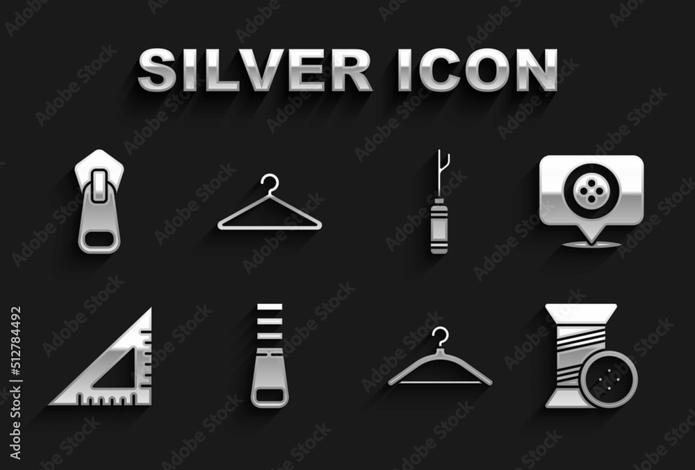 Set Zipper, Location tailor shop, Sewing thread and button, Hanger wardrobe, Triangular ruler, Awl tool, and icon. Vector Set Zipper, Location tailor shop, Sewing thread and button, Hanger wardrobe, Triangular ruler, Awl tool, and icon. Vector