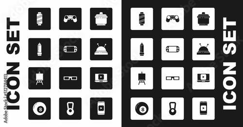 Set Cooking pot, Portable video game console, Pencil with eraser, Sewing thread spool, Needle bed and needles, Gamepad, Online play and Easel painting art boards icon. Vector