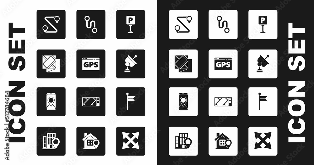 Set Parking, Gps device with map, Folded, Route location, Radar, Location marker and City navigation icon. Vector Set Parking, Gps device with map, Folded, Route location, Radar, Location marker and City navigation icon. Vector
