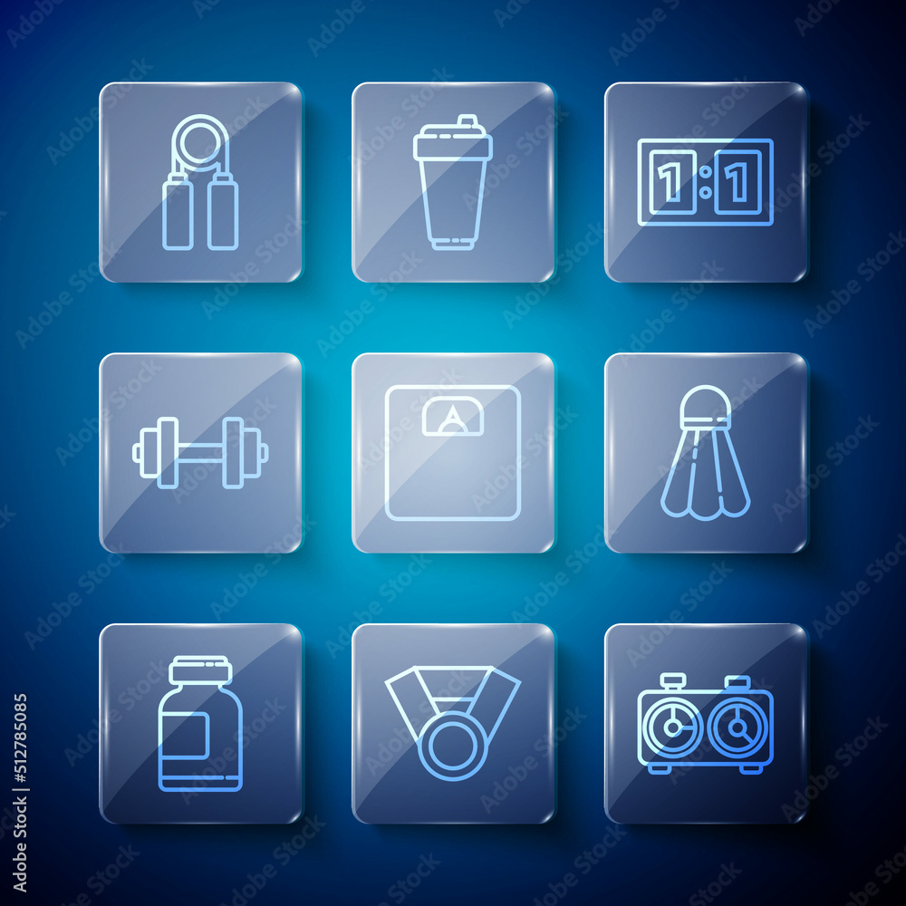 Set line Sports nutrition, Medal, Time chess clock, mechanical scoreboard, Bathroom scales, Dumbbell, expander and Badminton shuttlecock icon. Vector Set line Sports nutrition, Medal, Time chess clock, mechanical scoreboard, Bathroom scales, Dumbbell, expander and Badminton shuttlecock icon. Vector