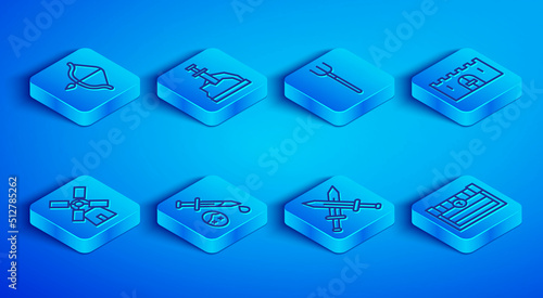Set line Medieval bow and arrow, Sword in the stone, Garden pitchfork, with blood, Crossed medieval sword, castle gate, Windmill and Antique treasure chest icon. Vector