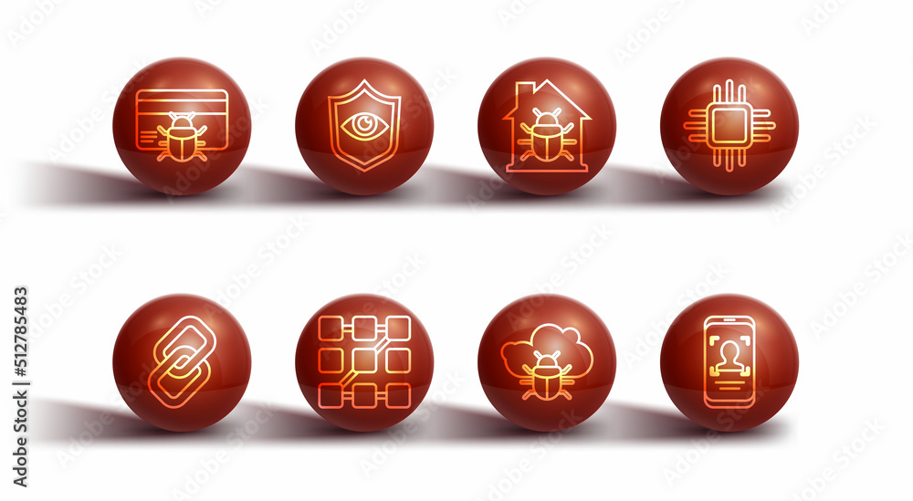 Set line System bug in credit card, Chain link, Processor with microcircuits CPU, on cloud, Graphic password protection, Shield and eye, Mobile face recognition and House system icon. Vector Set line System bug in credit card, Chain link, Processor with microcircuits CPU, on cloud, Graphic password protection, Shield and eye, Mobile face recognition and House system icon. Vector