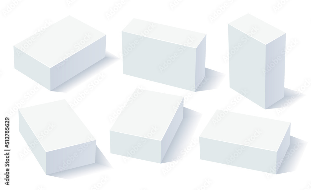 Rectangle white boxes, 3D rendering with shadows. Box set for packaging and branding design, mockup boxes in different position. Rectangle white boxes, 3D rendering with shadows. Box set for packaging and branding design, mockup boxes in different position.