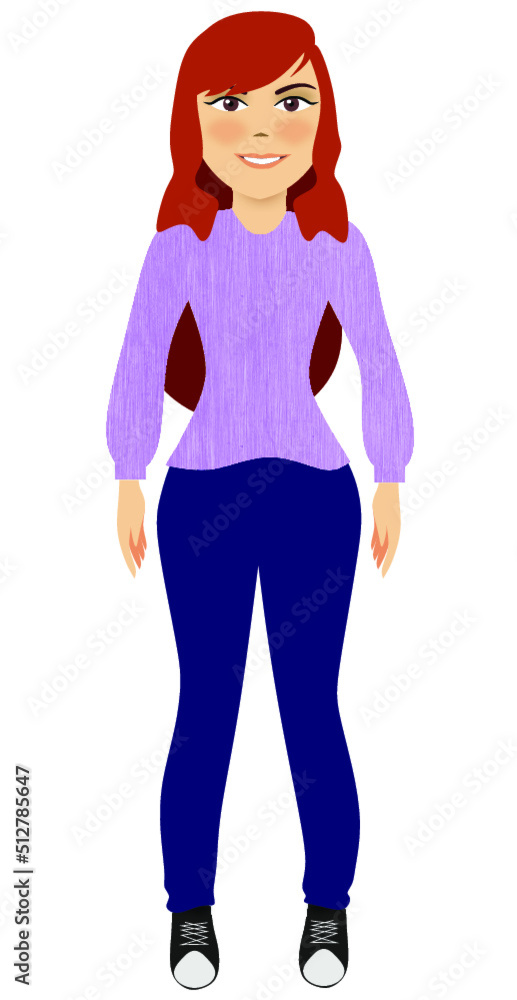red-haired girl wearing lilac blouse and blue pants isolated on white background red-haired girl wearing lilac blouse and blue pants isolated on white background