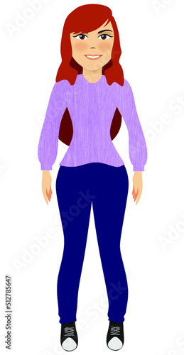 red-haired girl wearing lilac blouse and blue pants isolated on white background