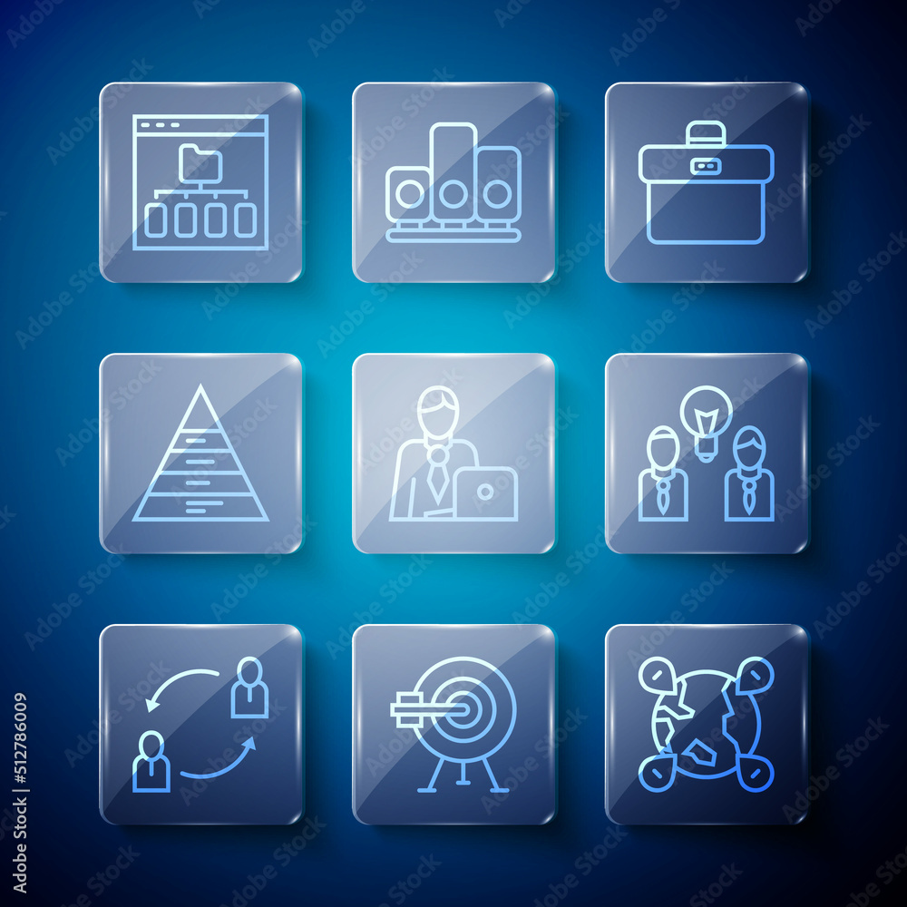 Set line Human resources, Target with arrow, Location on the globe, Briefcase, Businessman, Pyramid chart infographics, Browser files and People lamp bulb icon. Vector Set line Human resources, Target with arrow, Location on the globe, Briefcase, Businessman, Pyramid chart infographics, Browser files and People lamp bulb icon. Vector