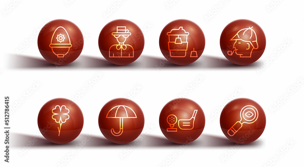 Set line British police helmet, Four leaf clover, Sherlock Holmes, Golf club with ball on tee, Umbrella, Queen Elizabeth, Magnifying glass and Coffee cup to go icon. Vector Set line British police helmet, Four leaf clover, Sherlock Holmes, Golf club with ball on tee, Umbrella, Queen Elizabeth, Magnifying glass and Coffee cup to go icon. Vector