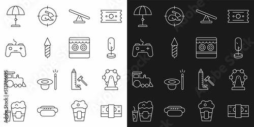 Set line Stacks paper money cash, Ferris wheel, Tree, Seesaw, Firework rocket, Gamepad, Sun protective umbrella and Shooting gallery icon. Vector