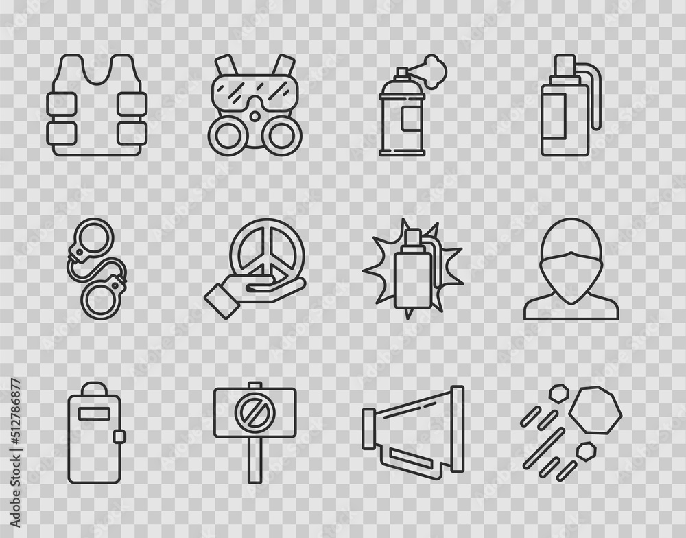 Set line Police assault shield, Flying stone, Paint spray can, Protest, Bulletproof vest, Peace, Megaphone and Vandal icon. Vector Set line Police assault shield, Flying stone, Paint spray can, Protest, Bulletproof vest, Peace, Megaphone and Vandal icon. Vector