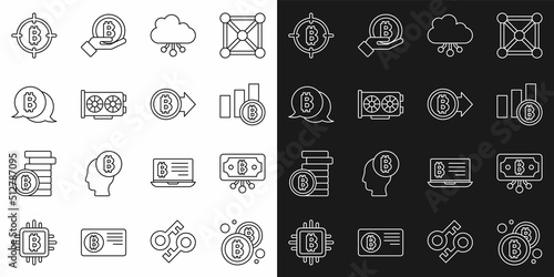 Set line Bitcoin, with circuit, Pie chart infographic bitcoin, Cryptocurrency cloud mining, Video card, the target and icon. Vector