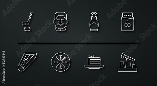 Set line Ice hockey stick and puck, Kankles, Jar of honey, Medovik, Snowflake, Joseph Stalin, Oil pump or pump jack and Russian doll matryoshka icon. Vector