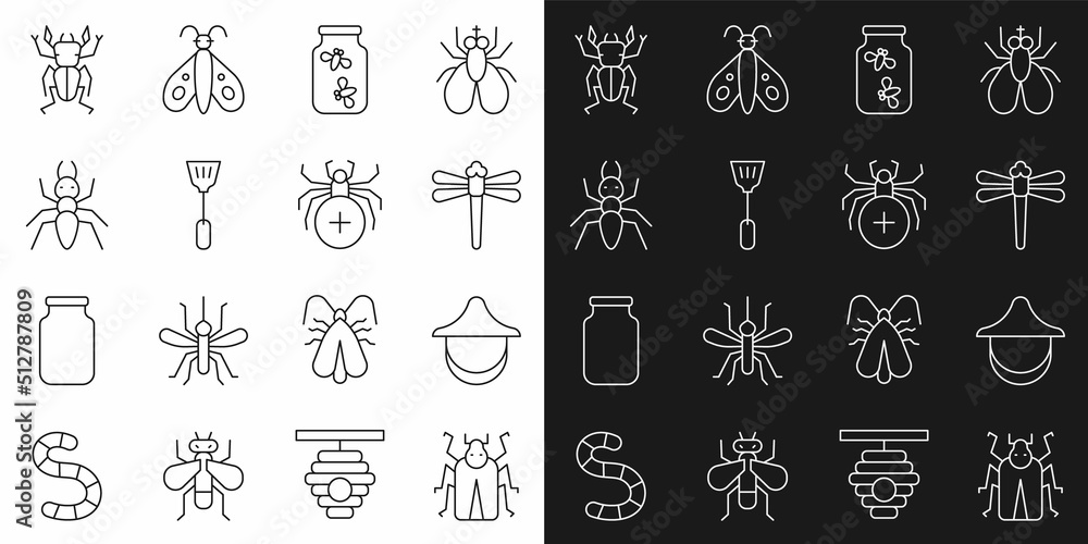 Set line Beetle bug, Beekeeper hat, Dragonfly, Fireflies bugs in jar, Fly swatter, Ant, deer and Spider icon. Vector