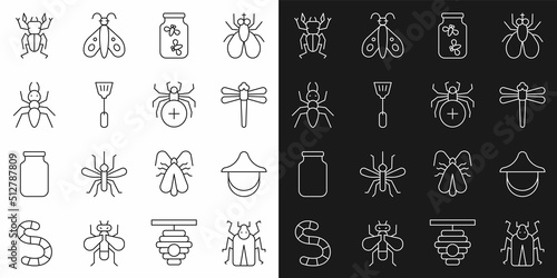 Set line Beetle bug  Beekeeper hat  Dragonfly  Fireflies bugs in jar  Fly swatter  Ant  deer and Spider icon. Vector