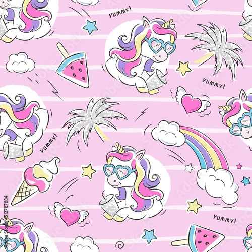 Art. Beautiful pink summer pattern. Unicorn ice cream summer party. Fashion illustration drawing.