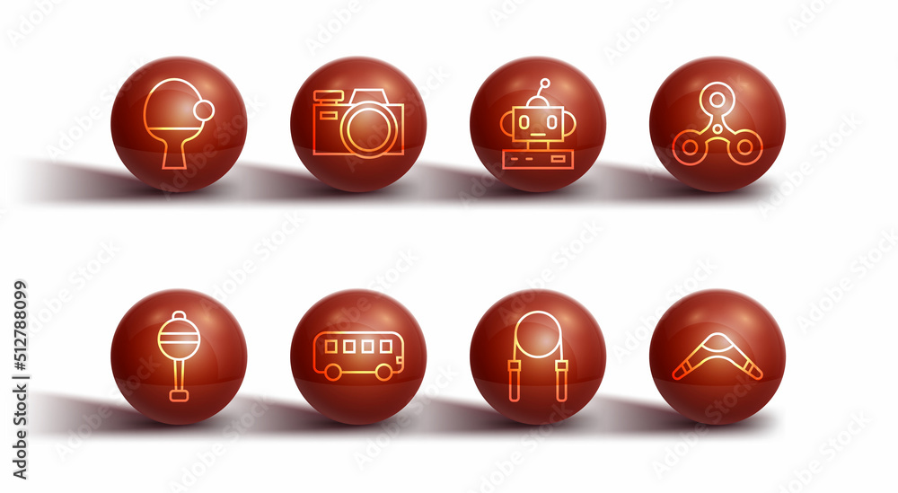 Set line Racket and ball, Rattle baby toy, Fidget spinner, Jump rope, Bus, Photo camera, Boomerang and Robot icon. Vector Set line Racket and ball, Rattle baby toy, Fidget spinner, Jump rope, Bus, Photo camera, Boomerang and Robot icon. Vector