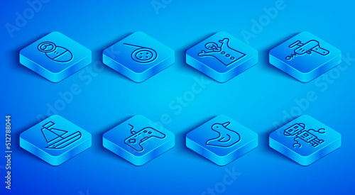 Set line Tumbler doll toy, Yoyo, Toy puppet on hand, Gamepad, Rubber duck, Ray gun, boat and Robot icon. Vector