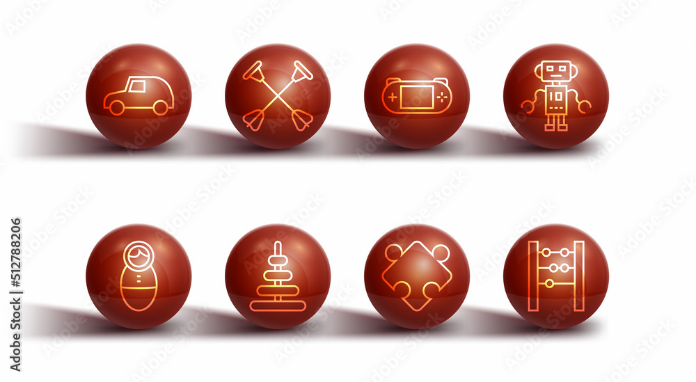 Set line Toy car, Tumbler doll toy, Robot, Puzzle pieces, Pyramid, Arrow with sucker tip, Abacus and Portable video game console icon. Vector Set line Toy car, Tumbler doll toy, Robot, Puzzle pieces, Pyramid, Arrow with sucker tip, Abacus and Portable video game console icon. Vector