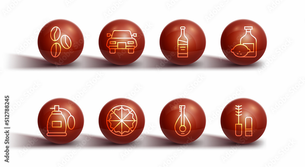 Set line Coffee beans, Perfume, Limoncello bottle, Mandolin, Pizza, Car, Mascara brush and Bottle wine icon. Vector Set line Coffee beans, Perfume, Limoncello bottle, Mandolin, Pizza, Car, Mascara brush and Bottle wine icon. Vector