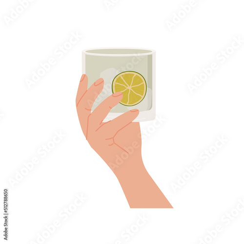 Female or male hand holding rocks glass with classic gin tonic cocktail. Old fashioned glass with alcohol drink garnished with slice of lime and rosemary. Summer aperitif beverage. Vector illustration
