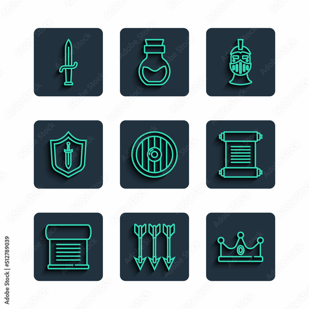 Set line Decree, parchment, scroll, Crossed arrows, King crown, Medieval iron helmet, Round wooden shield, with sword, Dagger and icon. Vector Set line Decree, parchment, scroll, Crossed arrows, King crown, Medieval iron helmet, Round wooden shield, with sword, Dagger and icon. Vector