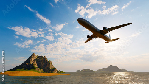 Airplane flying above the ocean sea with sunlight shining in blue sky background. Travel journey and Wanderlust transportation concept. 3D illustration rendering