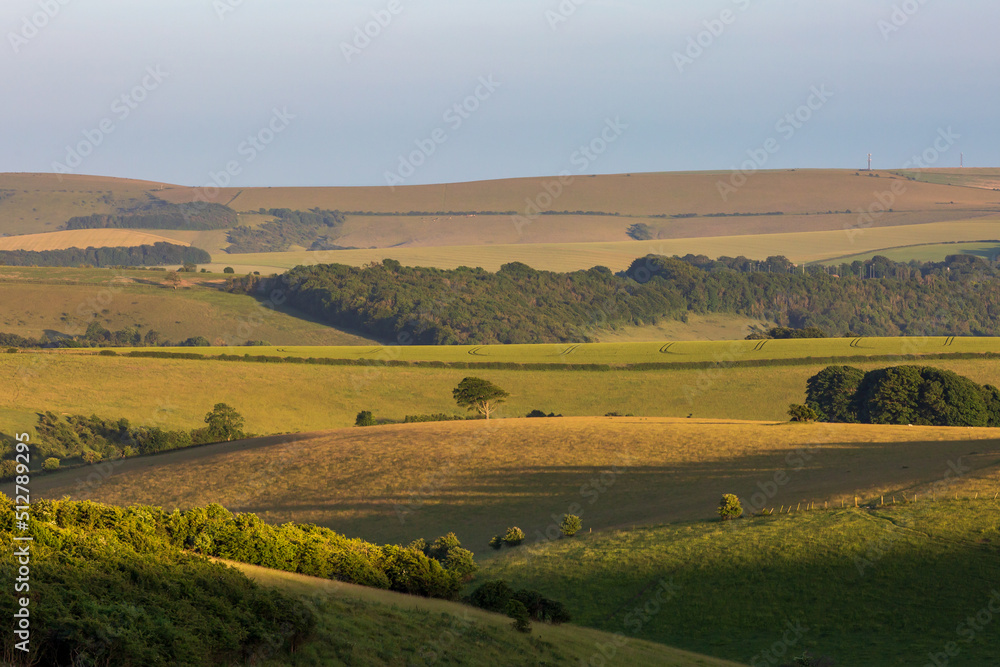 Looking out over a rolling South Downs landscape on a summers evening Looking out over a rolling South Downs landscape on a summers evening