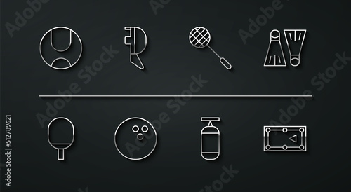 Set line Tennis ball, Racket for playing table tennis, Rubber flippers swimming, Punching bag, Bowling, Fencing helmet mask, Billiard and racket icon. Vector