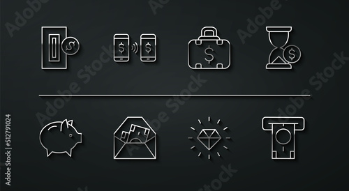 Set line Inserting coin, Piggy bank, Hourglass with dollar, Diamond, Envelope symbol, Money payment transfer, ATM and money and Briefcase icon. Vector