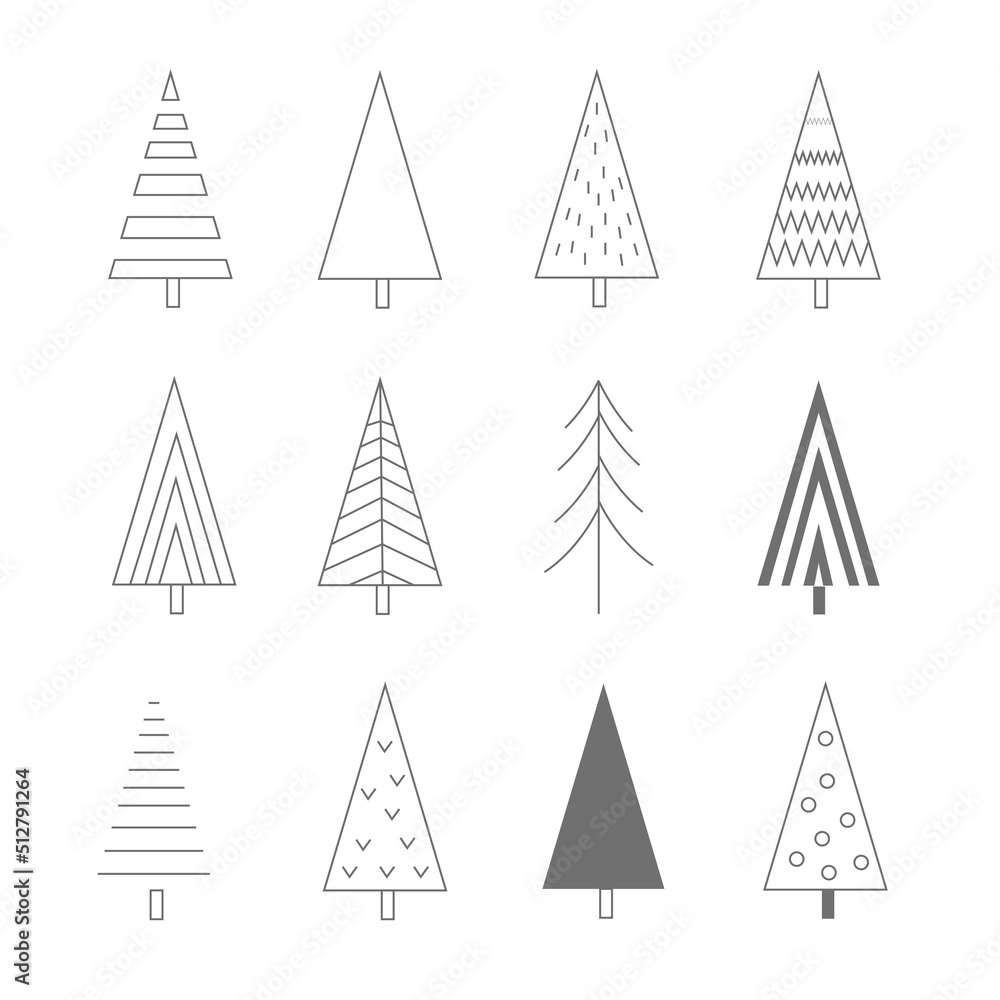 Obraz premium Christmas Tree linear icons set, vector outline drawing. Xmas new eve tree symbol, simple pictogram collection. Winter season design elements isolated on white