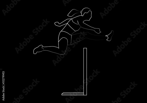 Trazado blanco de atleta femenina de salto de obstáculos sobre fondo negro
