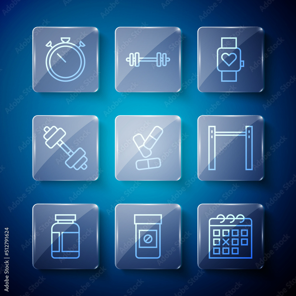 Set line Sports nutrition, Anabolic drugs, Calendar fitness, Smart watch, Vitamin pill, Dumbbell, Stopwatch and Horizontal bar icon. Vector Set line Sports nutrition, Anabolic drugs, Calendar fitness, Smart watch, Vitamin pill, Dumbbell, Stopwatch and Horizontal bar icon. Vector