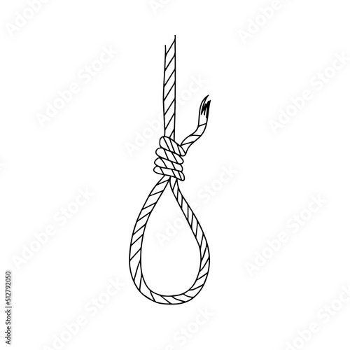 Rope hanging loop. Flat monochrome design style. Illustration of rope noose with hangman s knot. Concept of suicide. Death penalty by hanging.