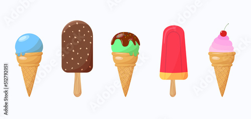 Delicious colorful ice cream set. Collectible ice cream and popsicle cones with different toppings isolated on white background. Vector illustration for web design or print