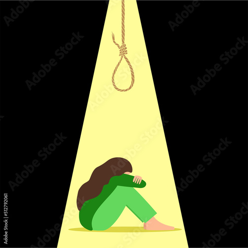 Illustration of depression sitting on the floor. Mental health, including PTSD and suicide prevention. World suicide prevention day icon. Rope with a noose for suicide vector illustration.