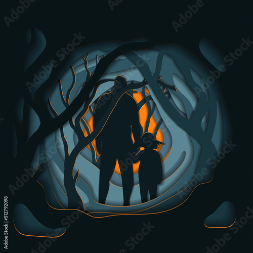 a postcard cut out of paper. a man with a child in a dark forest dense forest. light is visible from behind through the darkness.