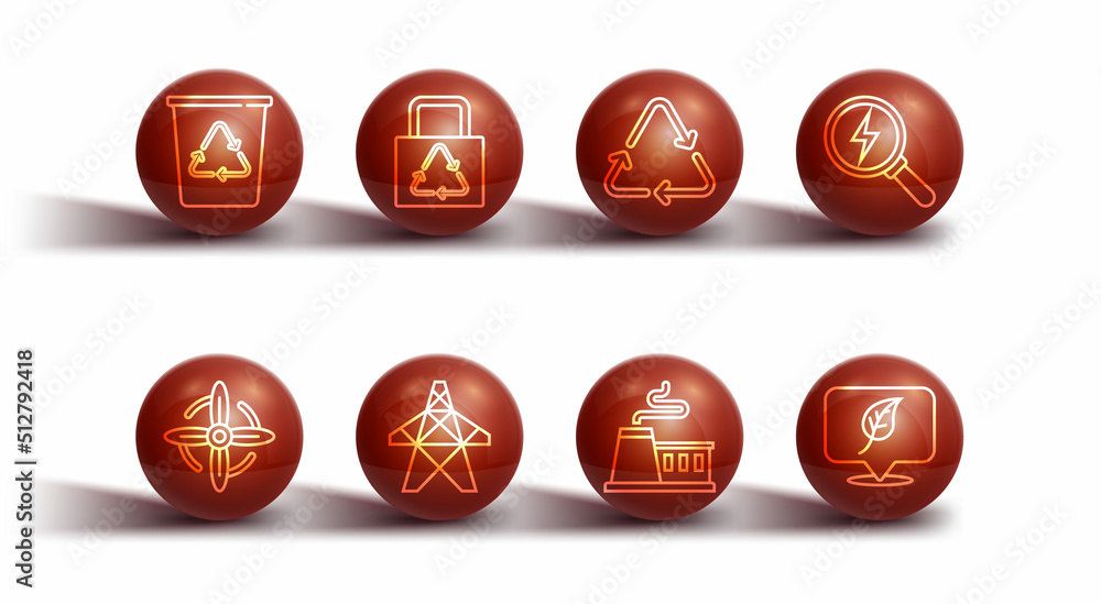 Set line Recycle bin with recycle, Wind turbine, Lightning bolt, Factory, Electric tower, Paper bag, Location leaf and symbol icon. Vector Set line Recycle bin with recycle, Wind turbine, Lightning bolt, Factory, Electric tower, Paper bag, Location leaf and symbol icon. Vector