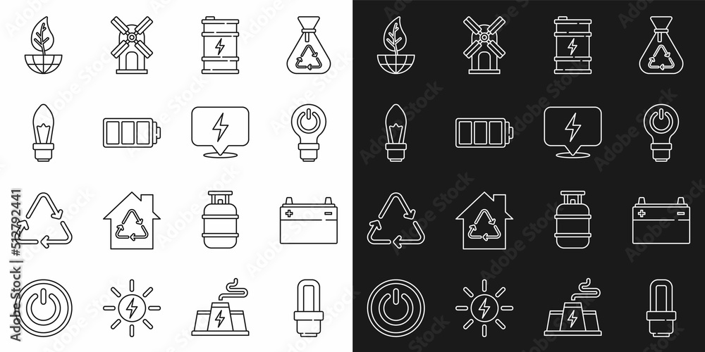 Set line LED light bulb, Car battery, Light with lightning, Bio fuel barrel, Battery, Earth globe and leaf and Lightning bolt icon. Vector Set line LED light bulb, Car battery, Light with lightning, Bio fuel barrel, Battery, Earth globe and leaf and Lightning bolt icon. Vector