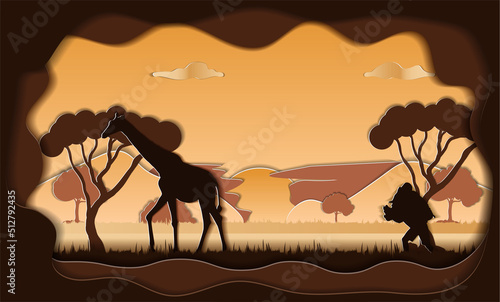 a paper-cut postcard with a savannah, a giraffe and a tourist photographer on a sunset background. vector illustration
