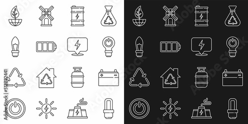 Set line LED light bulb, Car battery, Light with lightning, Bio fuel barrel, Battery, Earth globe and leaf and Lightning bolt icon. Vector
