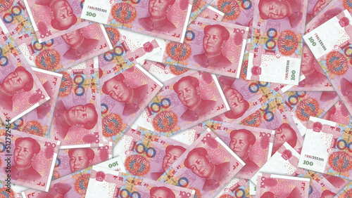 Financial illustration. Rectangular seamless pattern or wallpaper. Obverse of Chinese 100 yuan banknotes scattered randomly in a mess photo